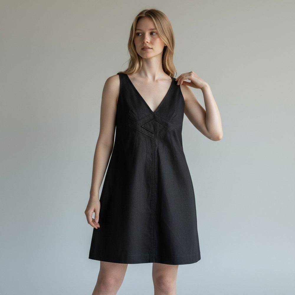 Max Studio Dress Medium Black Coated V-Neck Diamond Stitch Sleeveless Shift